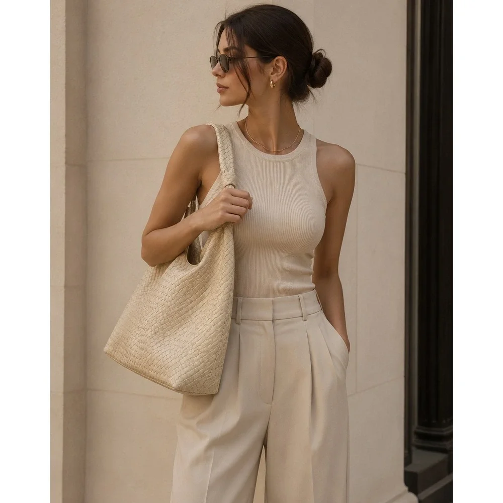 Ulta Woven Hobo Bag Cream Beige Knotted Strap Intrecciato Style Shoulder Bag